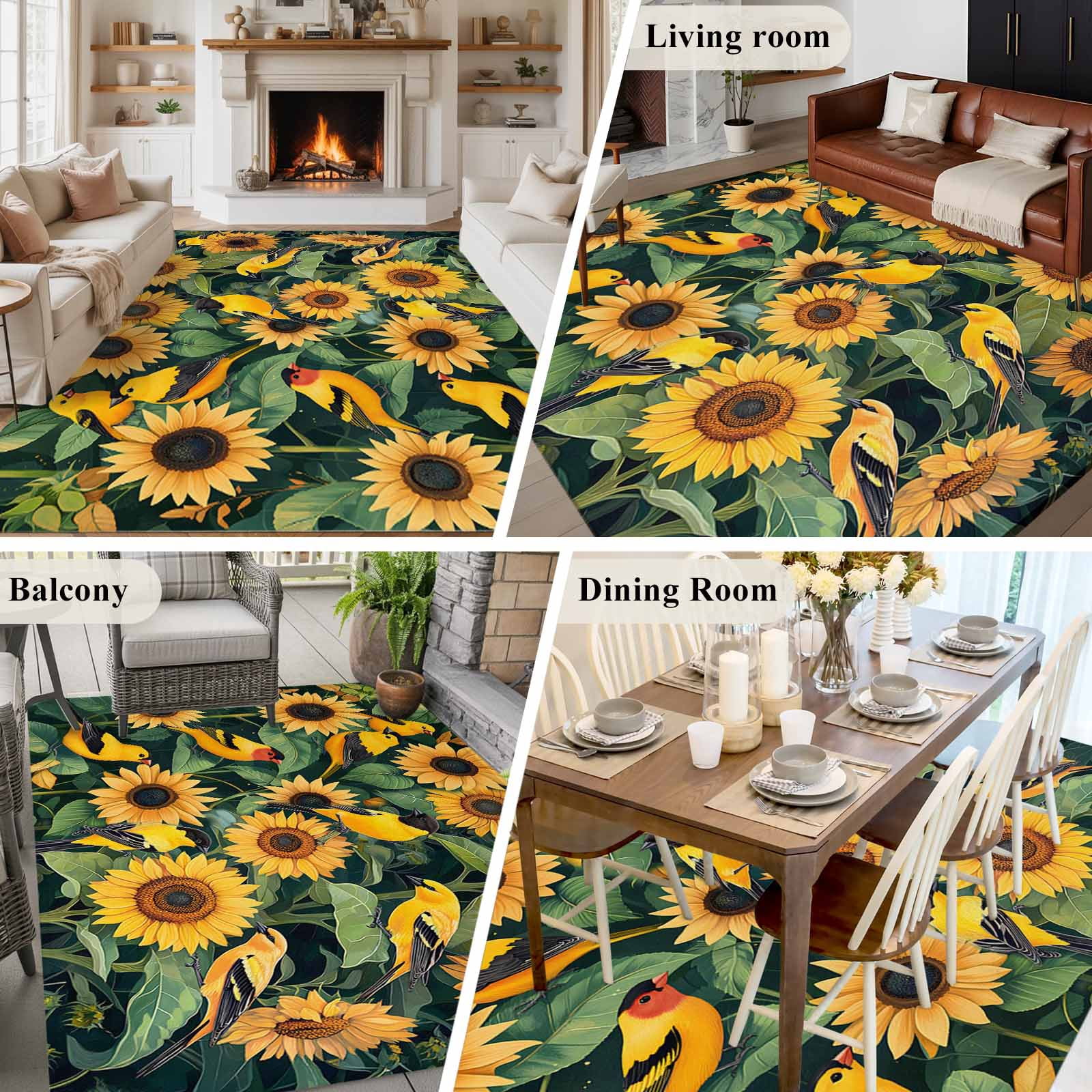 5'x8' Area Rugs, Yellow Sunflower Birds Indoor Outdoor Area Rug for Living Room Bedroom, Spring Leaves Retro Country Washable Bathroom Rugs Kitchen Floor Carpet Mats Home Decor Aesthetic