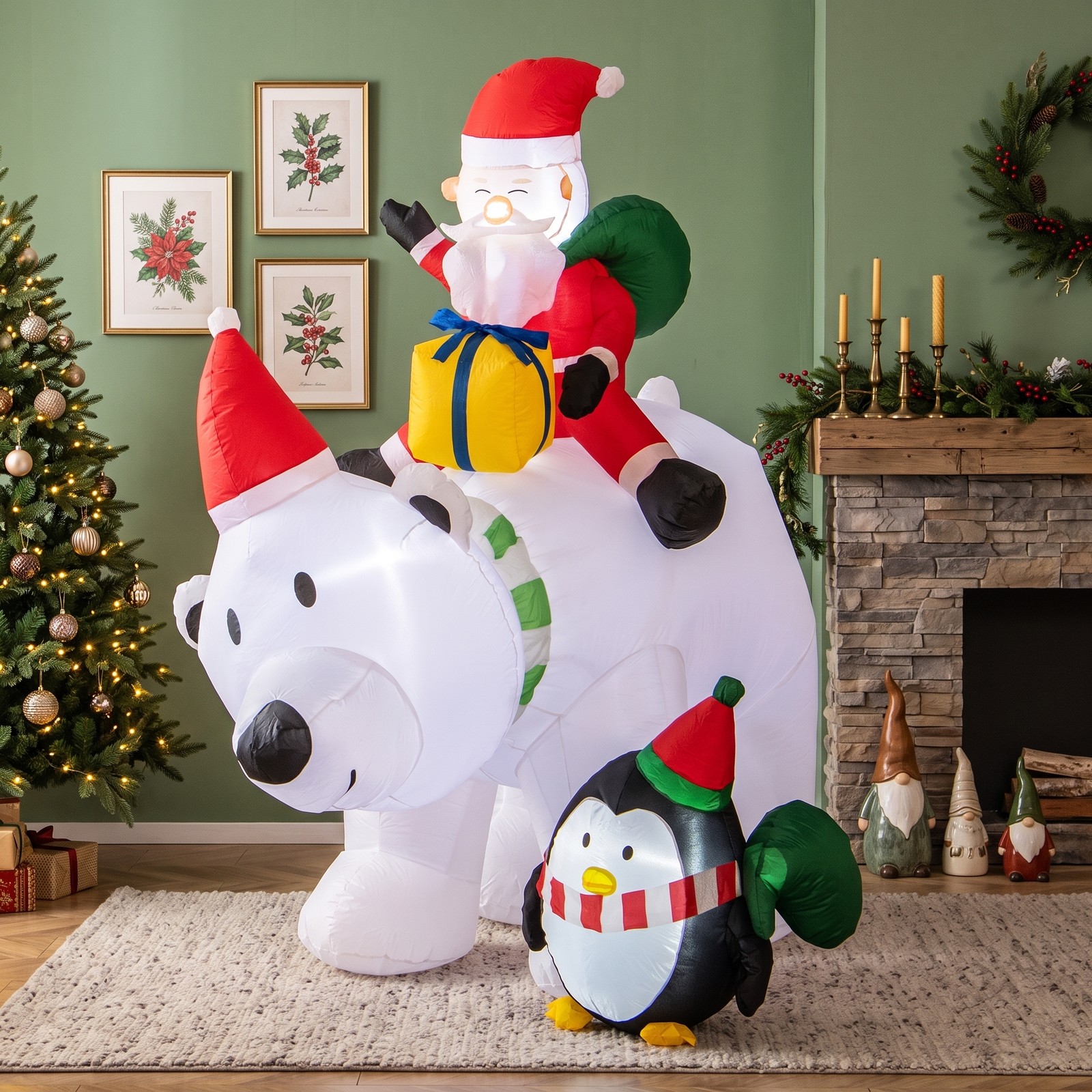 RUIE 7 Ft Inflatable Santa Claus Riding Bear with Penguin, Gift Bags and Gift Box, LED Lighted Christmas Yard Inflatable Blow Up Outdoor Holiday Decoration, Multicolor