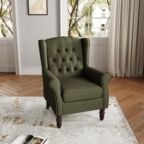 Modern Green Linen Upholstered Button High Back Accent Arm Chair with Wood Legs (Set of 1)