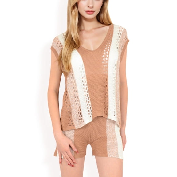 Women's Crochet Knit Two-Piece Set with Striped Top and Shorts- Beige,X Large
