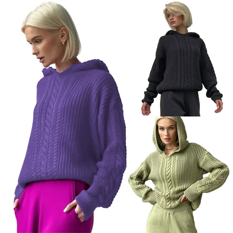 Long Sleeve Drop Shoulder Hooded Sweater Women Casual Loose Twist Cable Knit Solid Color Pullover Jumpers Top Sweatshirt