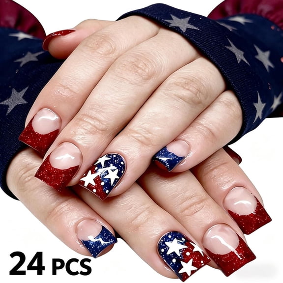 24PCS Independence Day Press On Nails, Red White Blue Star Fake Nails, Short Square European Style Wearable Nail Art, Removable Reusable Holiday Manicure for Women