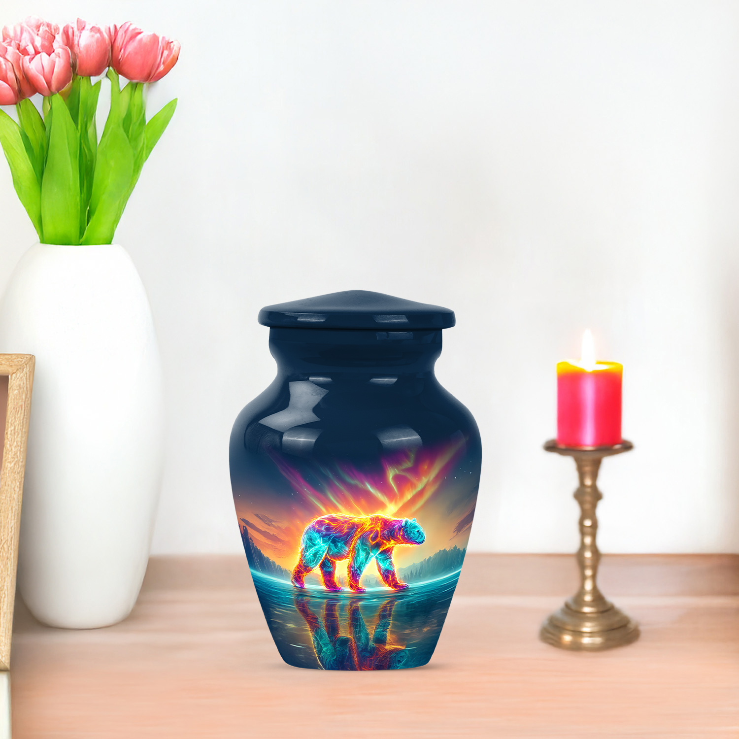 JAGASY Bear Urn for Father, Blue Small Urns for Human Ashes Keepsake, Polar Bear Northern Lights & Snowy Mountain Decorative Urns for Parents, Memorial Mini Urn for Mother, (3 Inch)