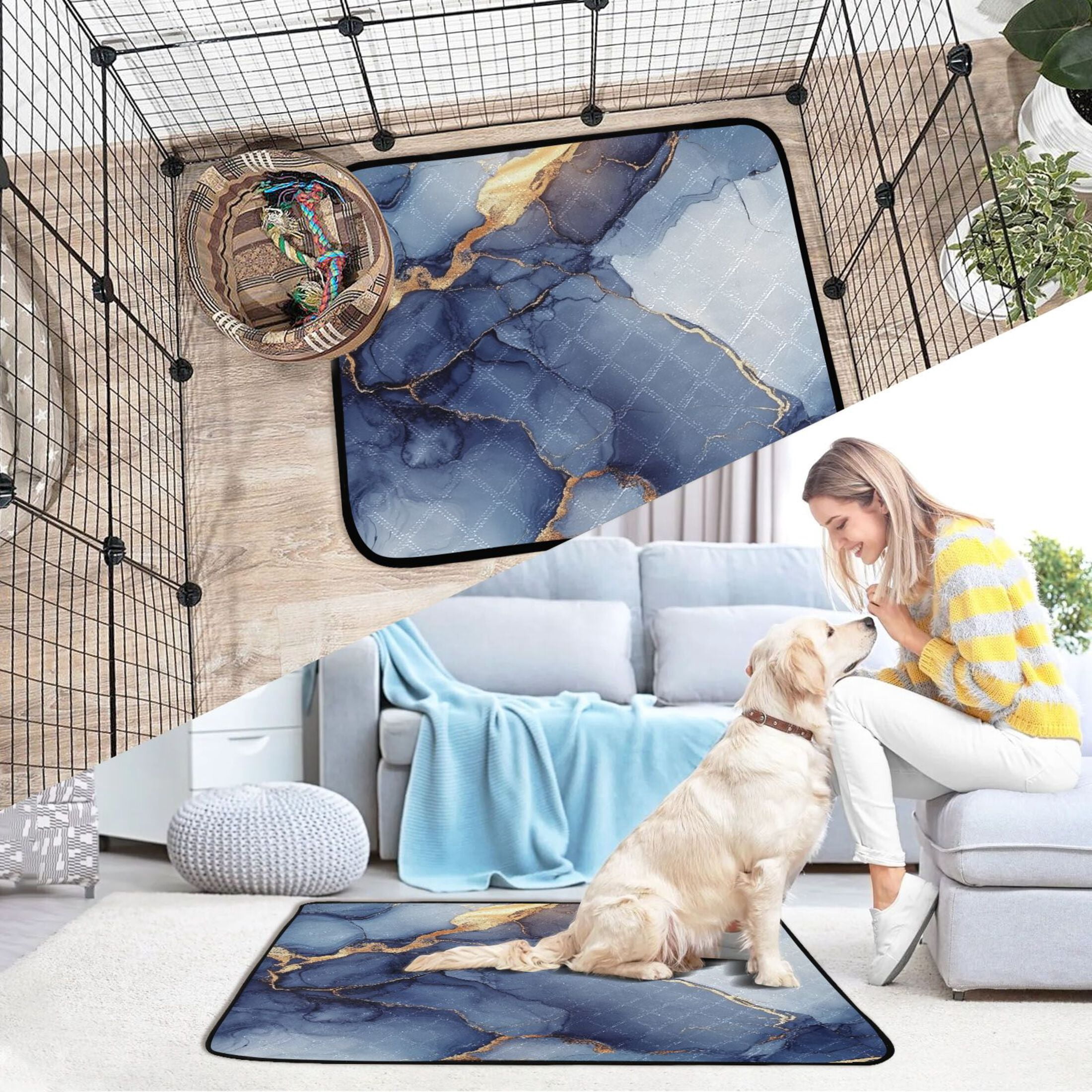 Qxltty Dark Blue Gilt Patterns Cat litter Pads Pet Set of 2 Diaper Mats Center Anti-leakage Layer Absorbent Soft and Comfortable