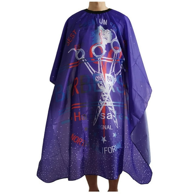 Hair Cutting Cape Umbrella for DIY haircuts, designed for salon and home use. The cape is shown in a vibrant purple color with printed barber-themed graphics, including scissors and text. Made of coated fabric and steel nylon, it features a touch closure for a snug fit and a 60 cm diameter to catch hair clippings effectively. Suitable for kids and adults, it prevents mess and keeps clothes dry during haircuts.