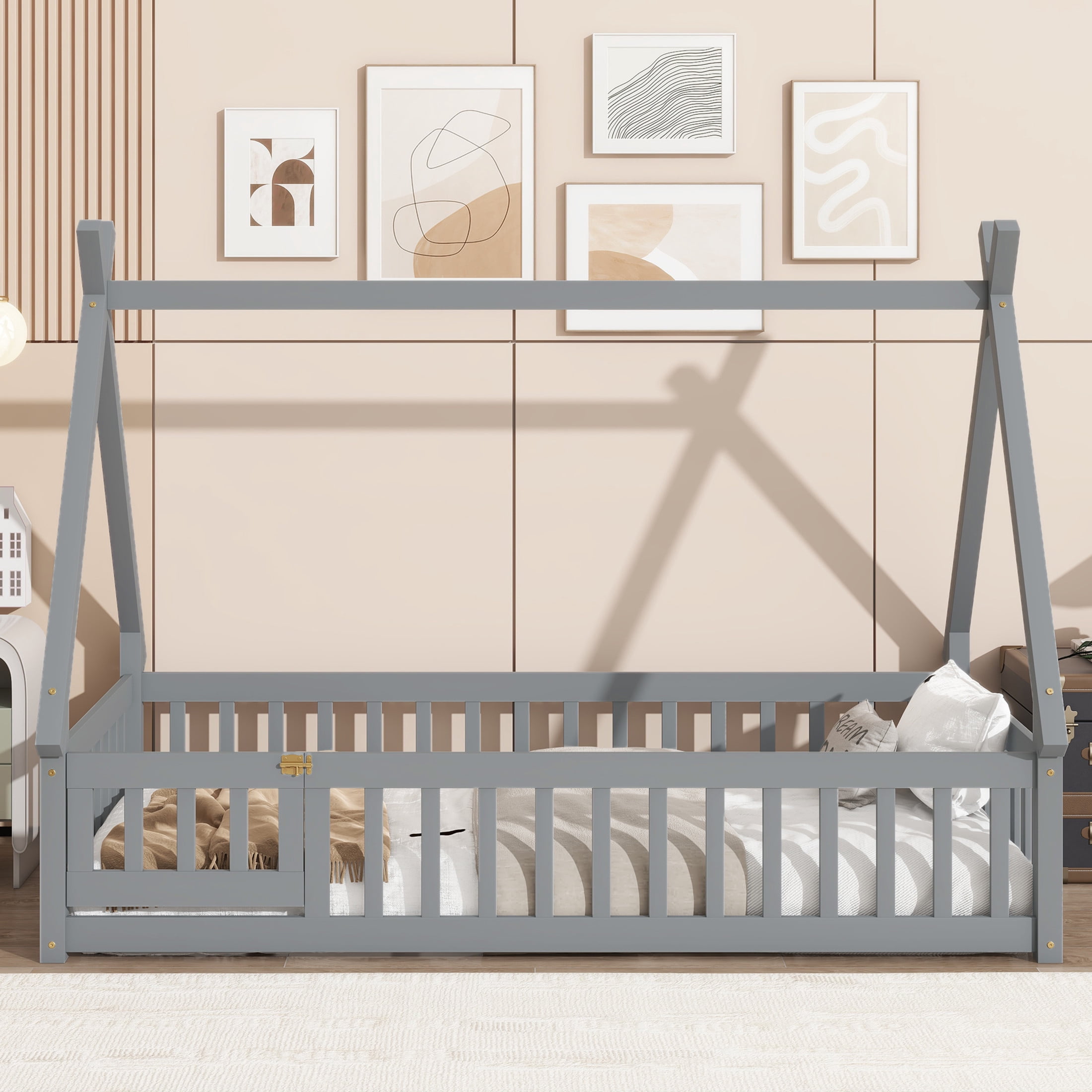 Noble House Misty Twin Teepee Floor Bed with Safety Fence and Door, Solid Rubber Wood Tent Bed, Kid's Room, Gray