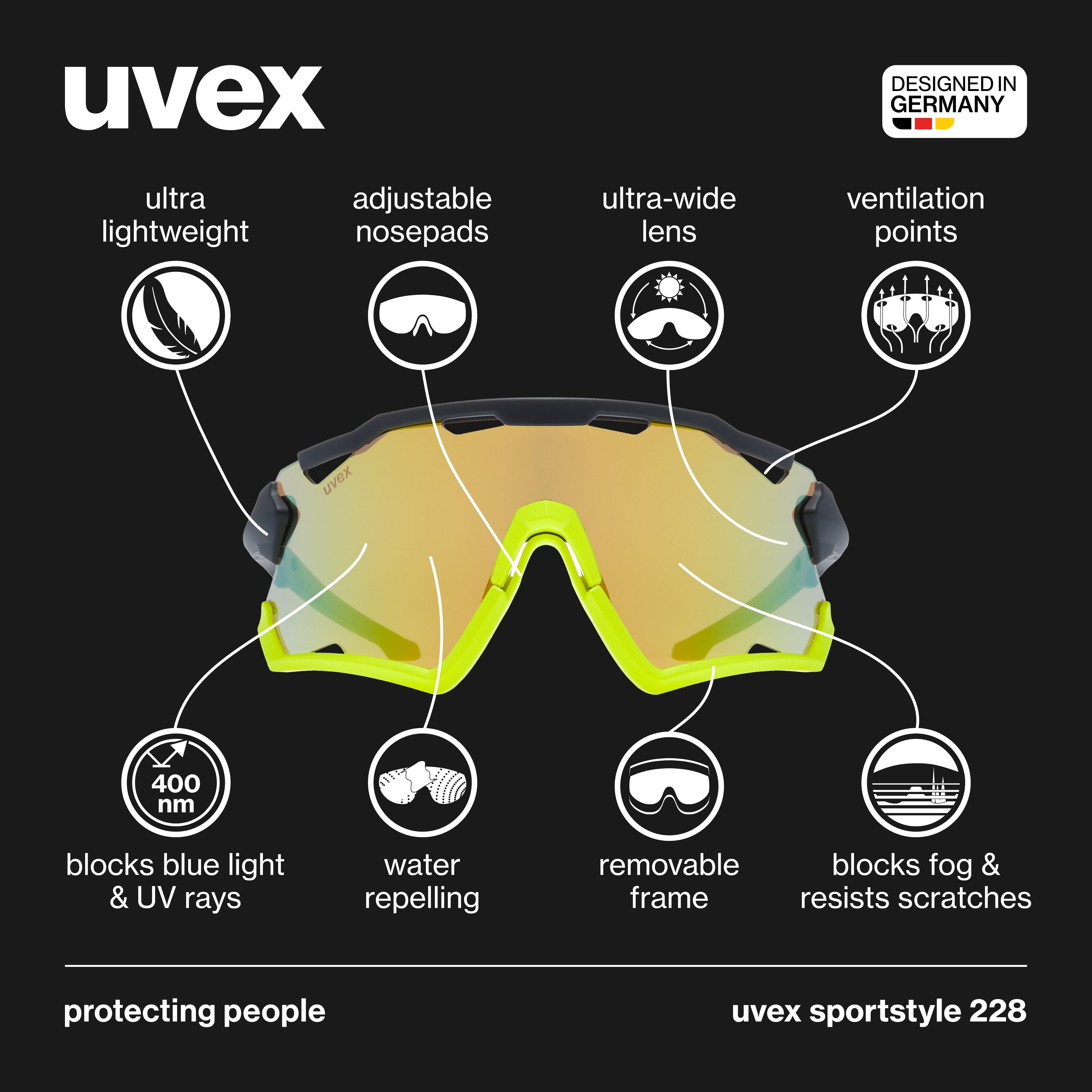 Uvex Sportstyle 228 - Unisex Adults Sports Eyewear Black Yellow Matte/Yellow - Anti-Fog & 100% UV Protection