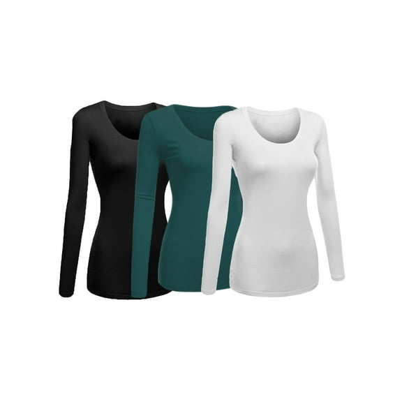 Emmalise Women's Junior and Plus Size Basic Scoop Neck Tshirt Long Sleeve Tee, Medium, 3Pk Black, Green Teal, White