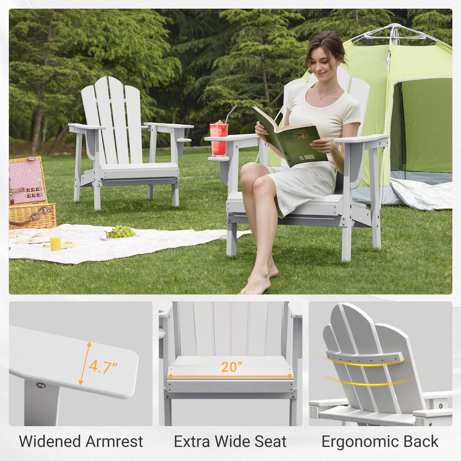 Tappio HDPE Adirondack Chair, Patio Seat All Weather Outdoor Patio Chair with Cup Holder for Lawn Yard Fire Pit, White