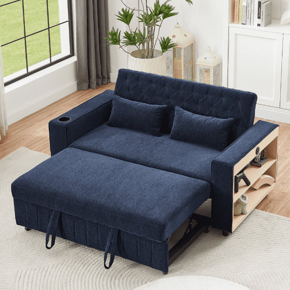 Euroco 61.4" Pull-out Sofa Bed Convertible Couch Loveseat Sofa Modern Sleeper Sofa with Adjustable Backrest for Living Room, Blue