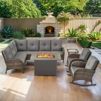 POCASSY Patio Sectional Set with Fire Pit Table, 6 Pieces Patio Furniture Set with Sectional Sofa Patio Rocking Chairs, Deep Seat High Back Thick Cushion for Porch Deck, Brown Wicker Gray Cushion