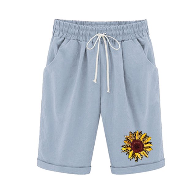 Top and Shorts Sets for Women, Womens Elastic Waist Sunflower Printing Drawstring Shorts