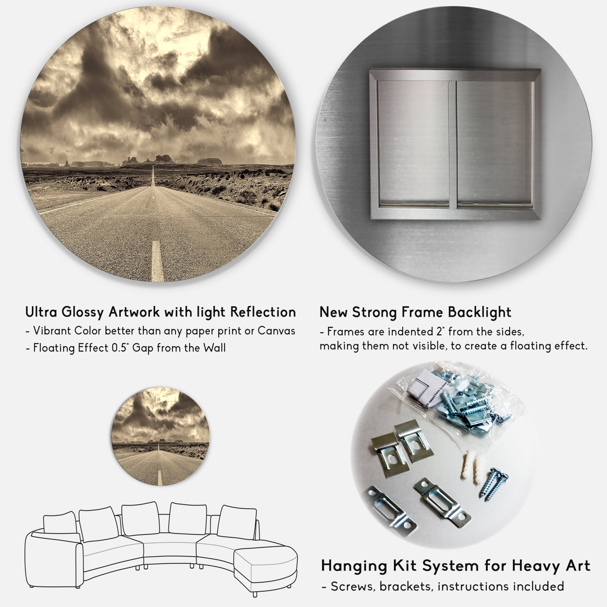 Designart 'The Straight Road To Monument Valley' Traditional Circle Metal Wall Art 23x23 - Disc of 23