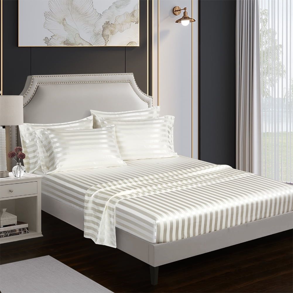 AiMay Italian Style  6 Piece Satin Bed Sheet Set Stripes Super Soft Deep Pocket 1800 Luxury Rich Silk 1 Flat Sheet 1 Fitted Sheet 4 Envelope Pillowcases Stain-Resistant Wrinkle Free (King, Off White)