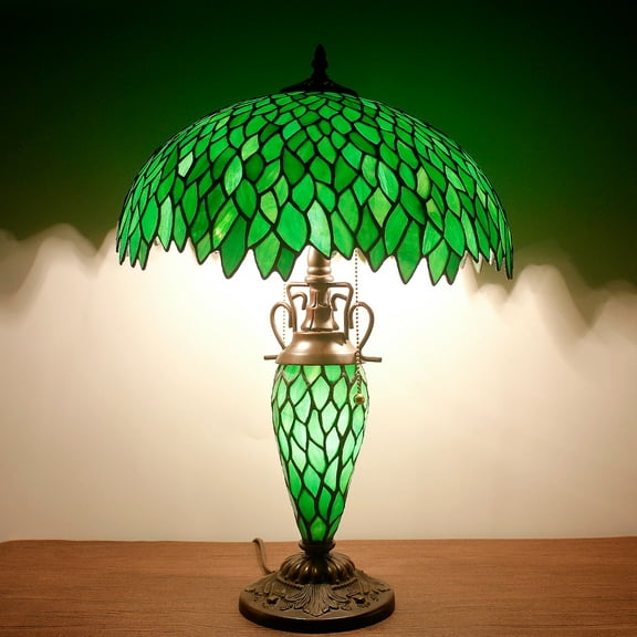 Tiffany Style Table Lamp W16H24 Inch Tall Green Stained Glass Wisteria Lampshade Antique Night Light Base S523  LAMPS Lover Living Room Bedroom Office Study Reading Desk Nightstand Art Gifts
