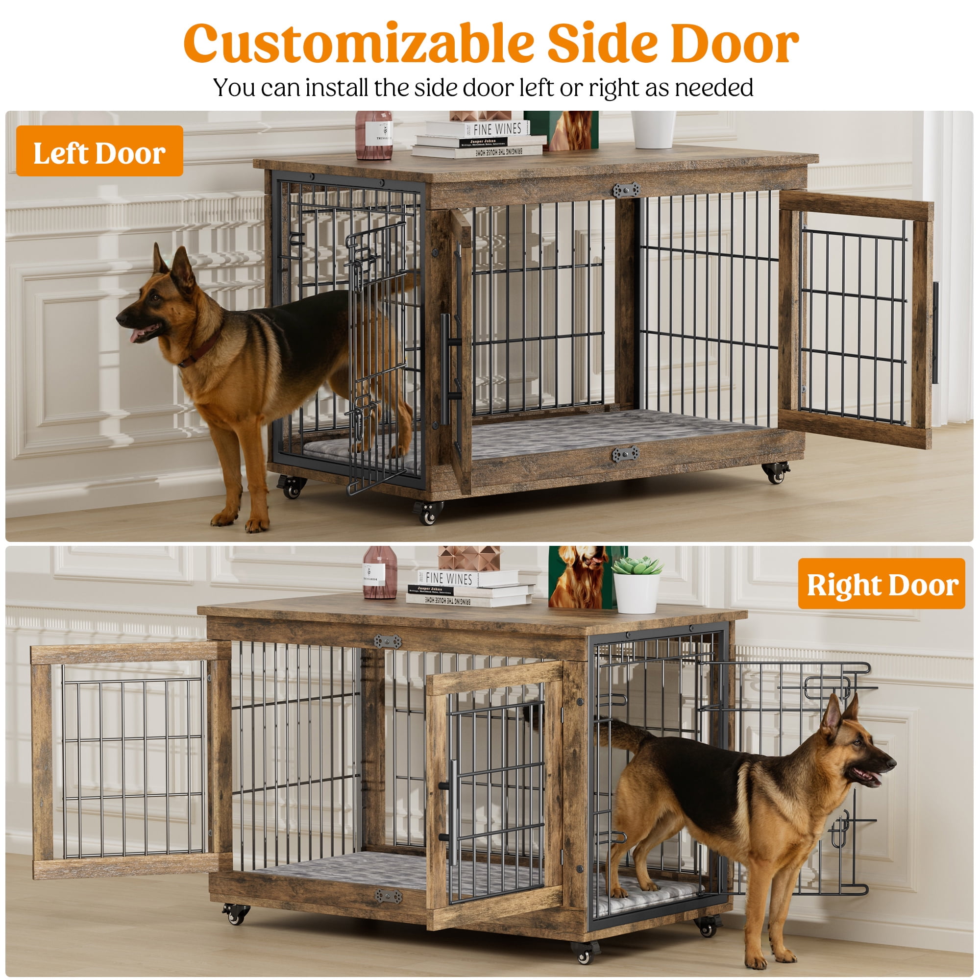 GIKPAL 38 Inch Dog Crate With Padded Wooden, Dog Kennels for Inside With 2 Door Wheeled for Heavy Medium to Large Dogs