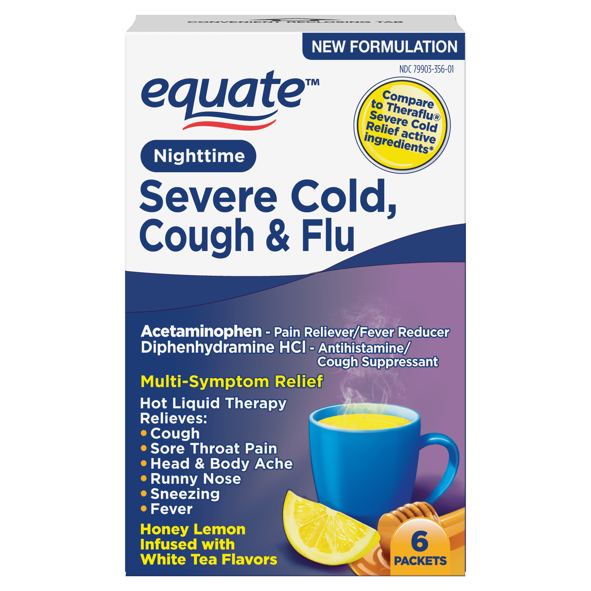 Equate Nighttime Severe Cold, Cough and Flu Relief, Honey Lemon and White Tea Flavors, 6 Packets