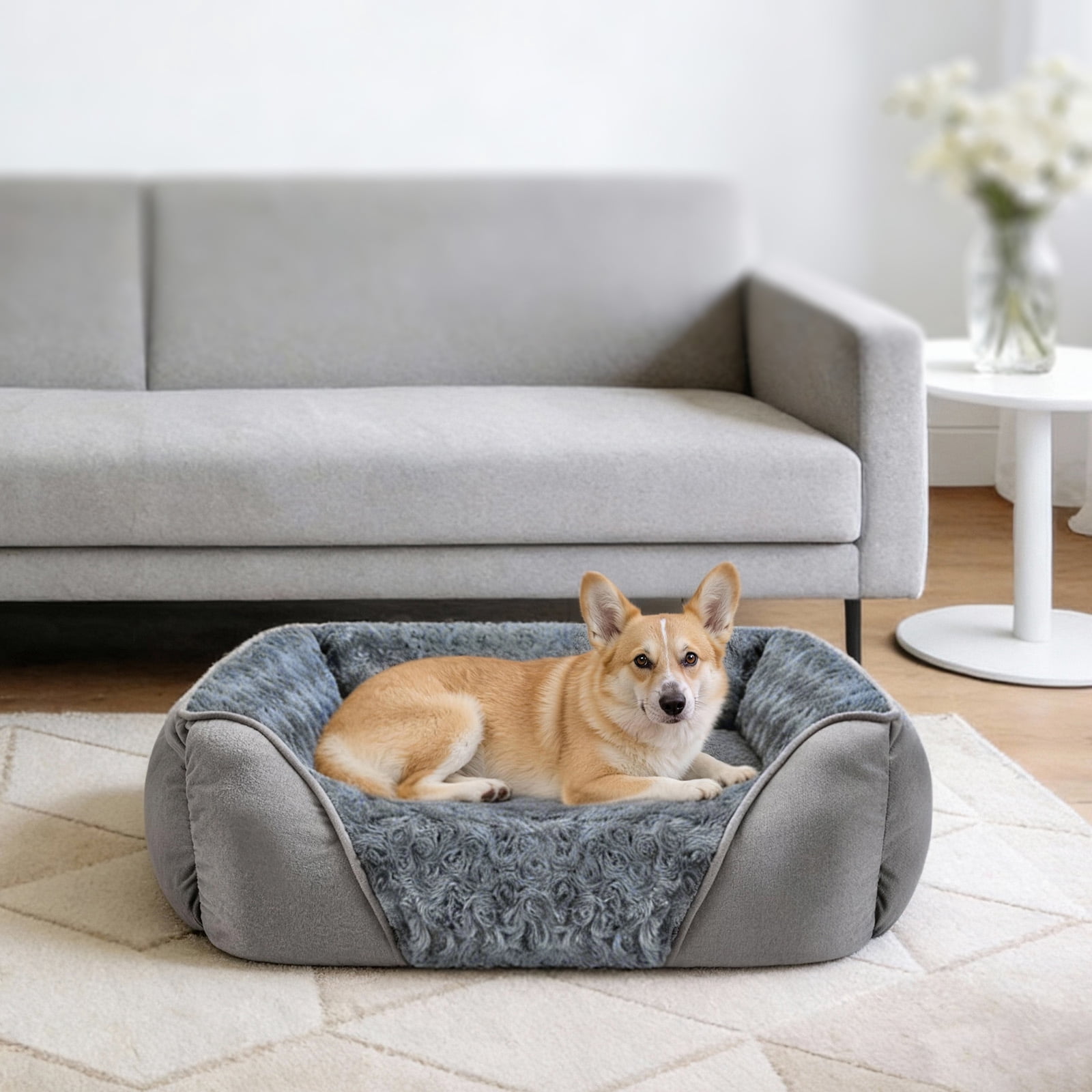 Soft Calming Sleeping Puppy Bed, Rectangle Washable Orthopedic Dog Bed, Large Dog Bed for Large Medium Small Dogs, Durable Pet Cuddler with Anti-Slip Bottom, Gray, 25inch