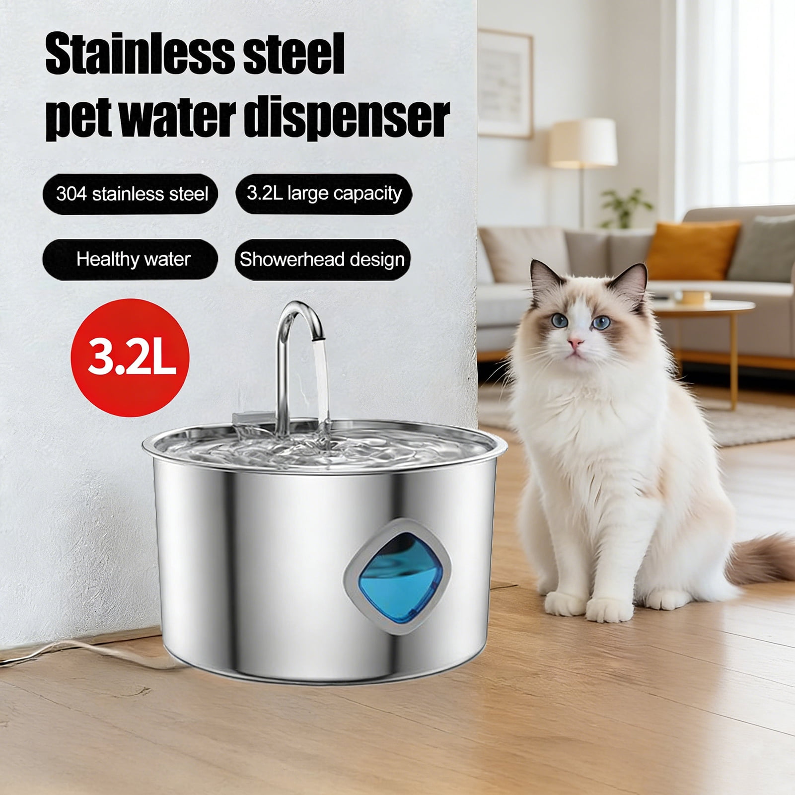 YIFAEUX 3.2L Pet Water Fountain Stainless Steel Cat Water Fountain with Water Level Window Quadruple Filtration Silent Fountain for Dogs And Cats Healthy Drinking