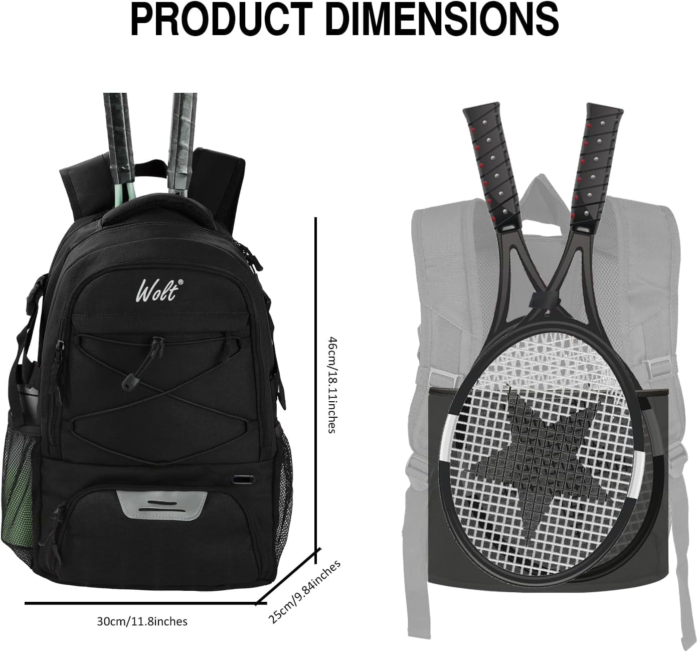 WOLT Tennis Racquet Sports Backpack Bag, 34L Capacity, Polyester with Ventilated Shoe Compartment, Black