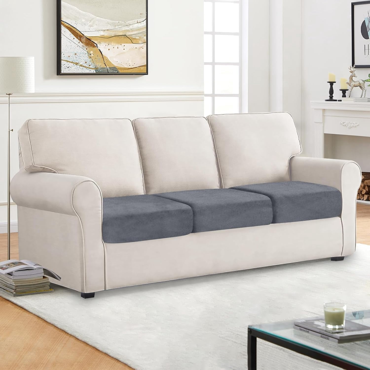 Couch Covers, 3 Pieces Couch Cushion Cover Velvet, Seat Cushion Cover, Stretch Sofa Covers, Separate Sectional Sofa Slipcovers, Furniture Protector(3-Seater or Backrest, Dark Grey)