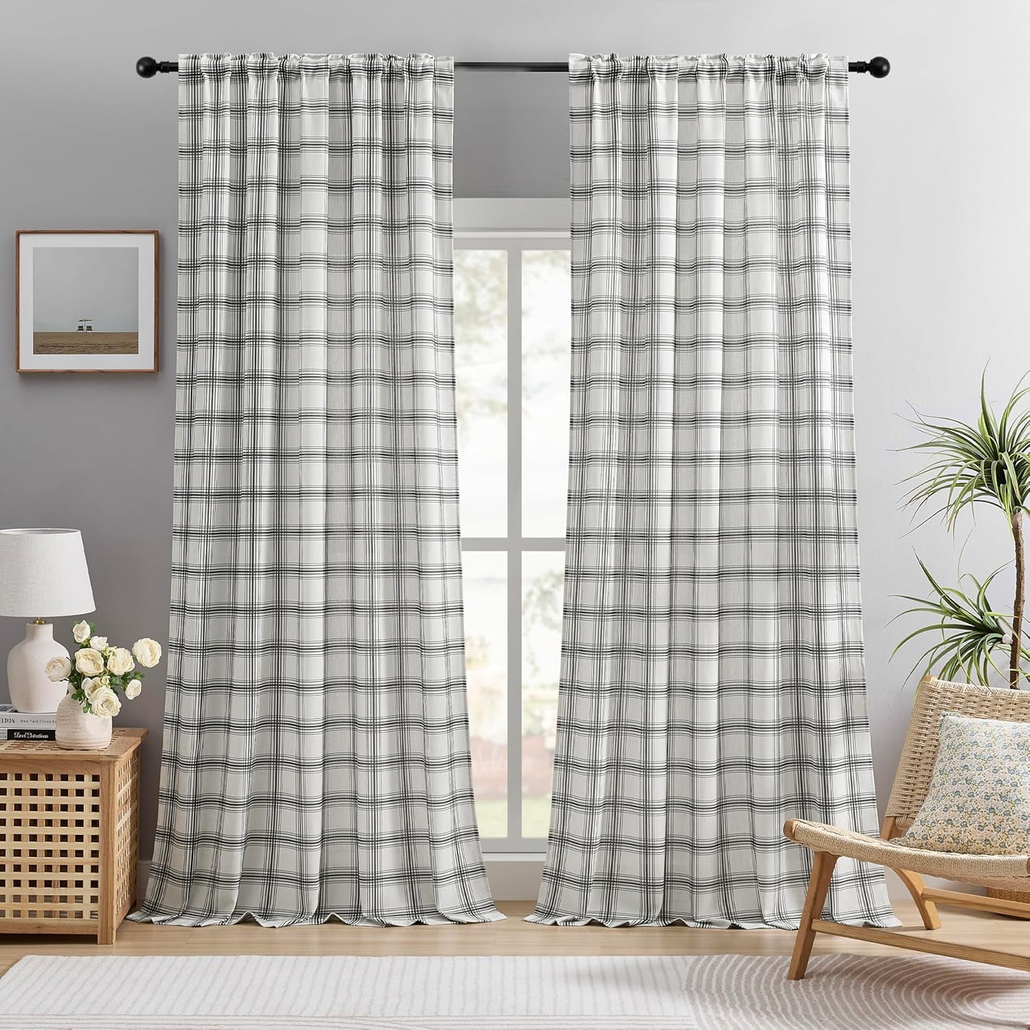 Grey & White Linen Plaid Back Tab Curtains 84 Inch Length for Living Room Bedroom, 2 Panel Set, Neutral Light Filtering Semi-Sheer Privacy Drapes