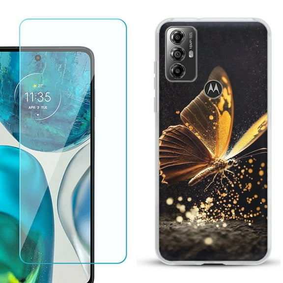 OneToughShield ® for Motorola Moto G Play 2023 Shockproof Fashion Phone Case, with Tempered Glass Screen Protector - Golden Butterfly