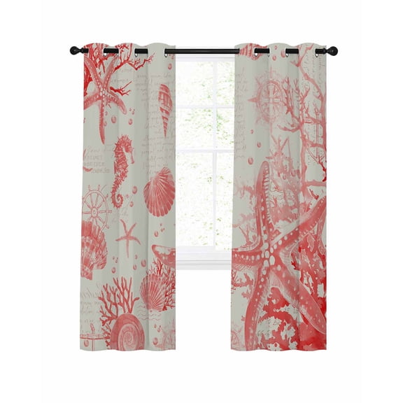Coastal Red Blackout Curtains, Light Blocking Print Window Curtains, Nautical Coral Seahorse Starfish Shell Thermal Insulated Window Drapes for Living Room Kitchen Cafe 2 Panels, 104"W x 72"L