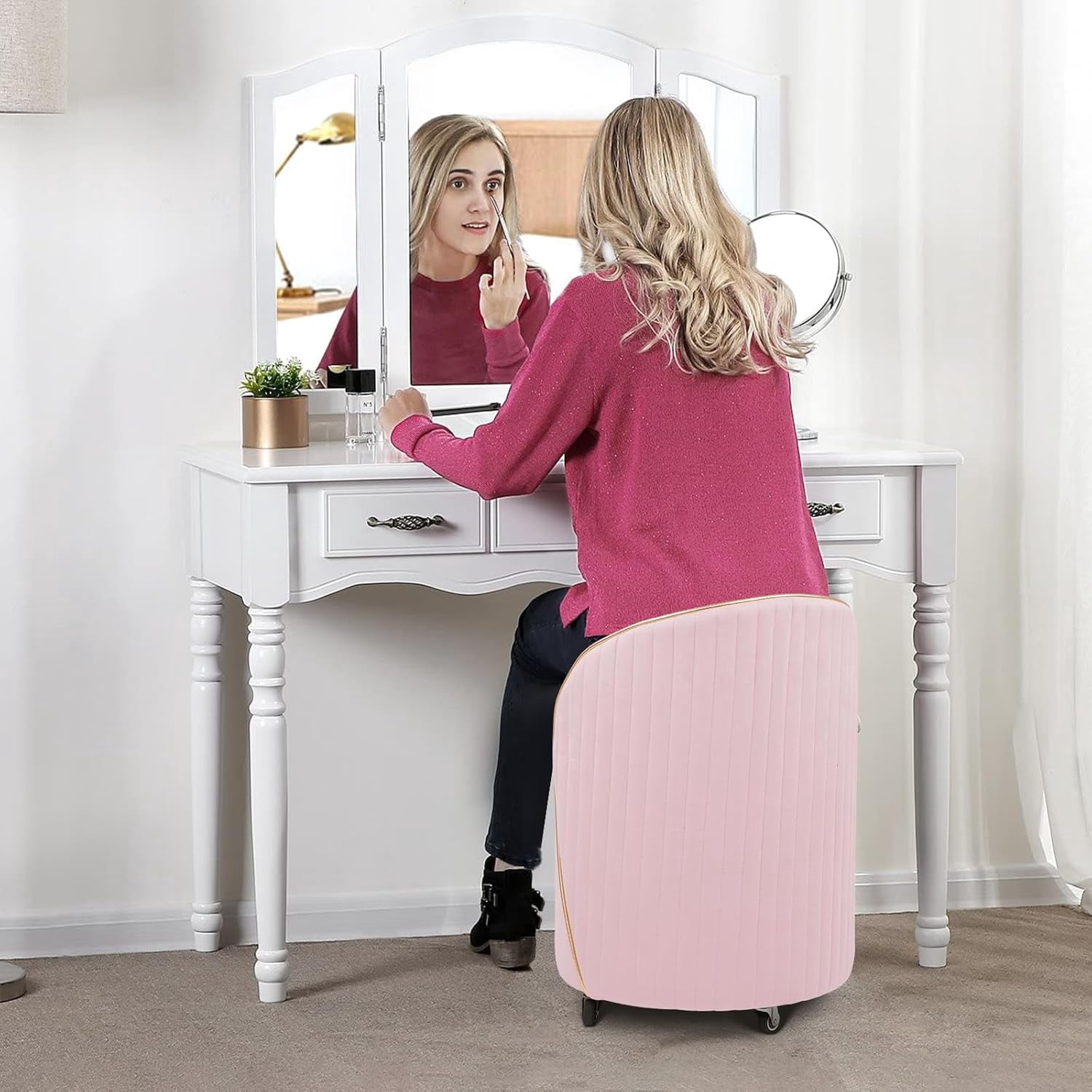 Round Storage Ottoman, Upholstered Velvet Vanity Stool with Lumbar Support, Swivel Rolling Wheels, Small Foot Stools Coffee Table Padded Seat for Makeup Room, Living Room, Bedroom (Pink)