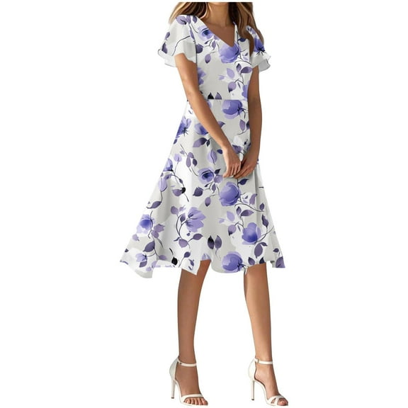 Qiopertar Women's V-Neck Short Sleeve Floral Print Dress Casual Elegant Midi Dress Summer Vacation Boho Flowy Fitted Bodice Flared Skirt, Purple L
