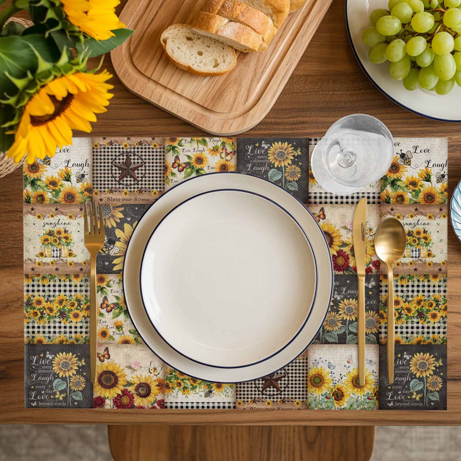 Sunflowers Placemats Set of 4, Farmhouse Vintage Western Texas Star Plaid Placemats for Dining Table, Place Mats for Kitchen Tabletop, Waterproof Wipeable Dining Table Mats Set