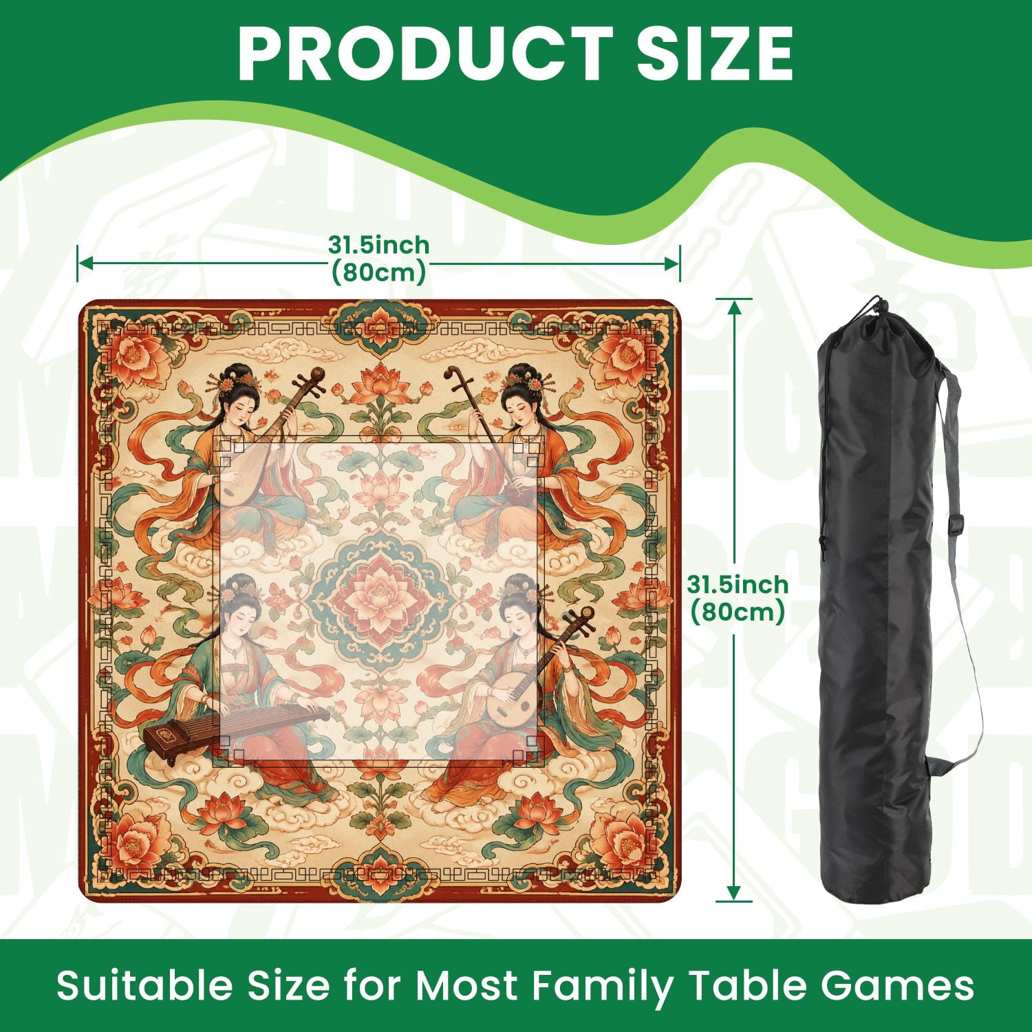 Mahjong Mat 31.5" x 31.5" Ornate Asian Goddesses Playing Traditional Musical Instruments Lotus Non-Slip Noise Reduction American Mahjong Tiles Table Cover for Dominoes Poker Card Board Games Gift