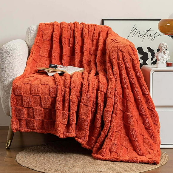 Couverture Douce et Épaisse en Tissu Floqué pour le Lit et le Canapé, Jeté Douillet pour une Sieste Tout en Confort., Orange, JKODE