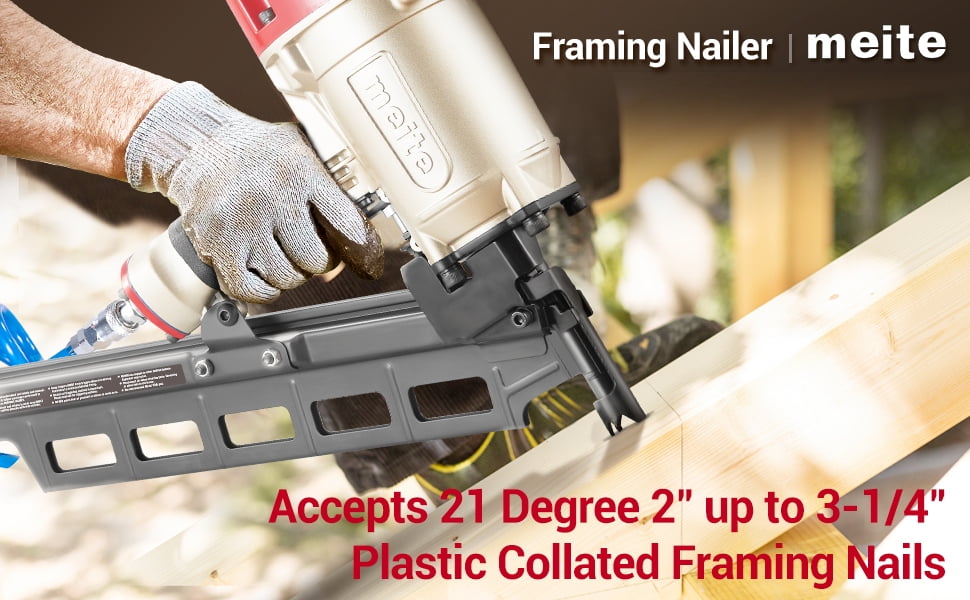 Meite SN2183F Pneumatic Framing Nailer 21 Degree 2" to 3-1/4" Length Plastic Plastic Collated Round Head Framing Nail Gun