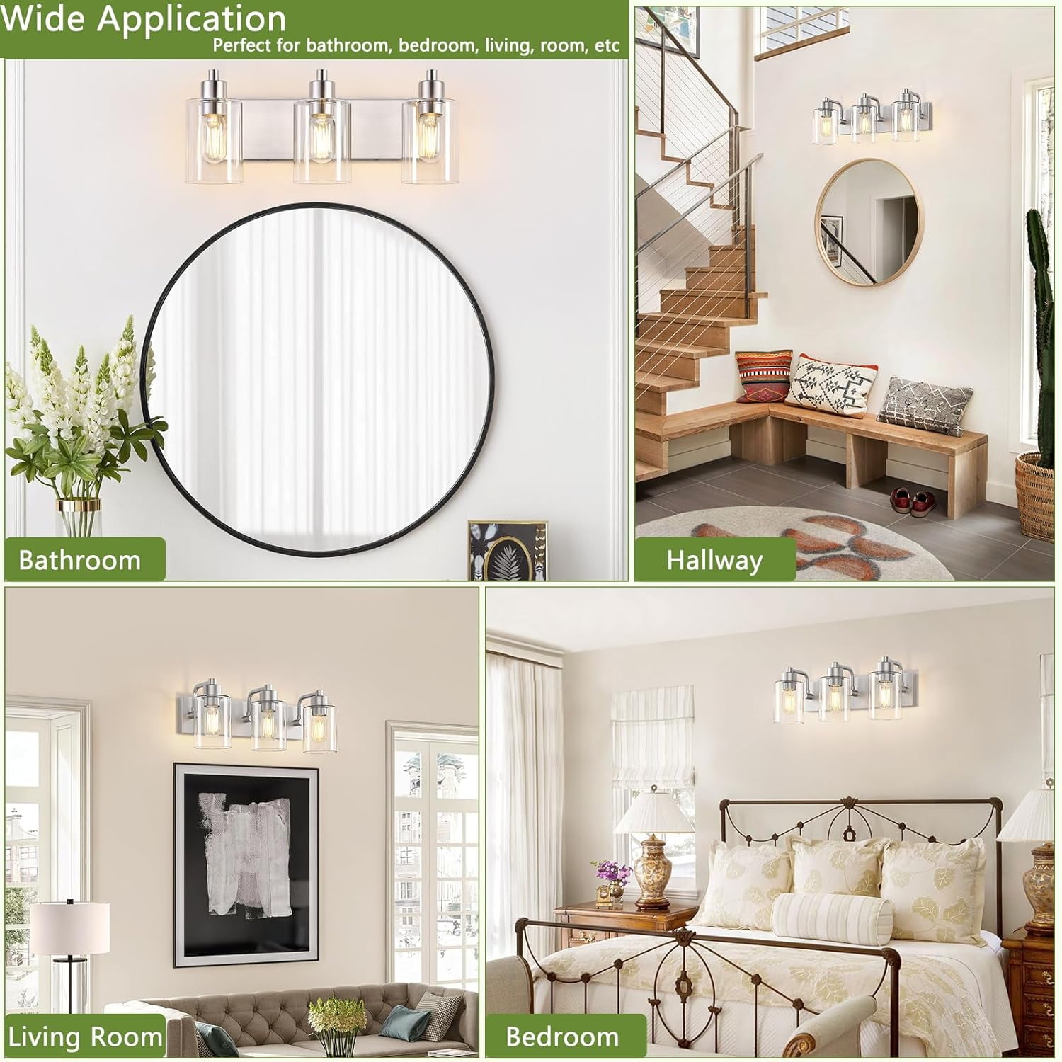 Bathroom Light Fixtures Bathroom Vanity Light 3-Light Bathroom Lights over Mirror with Clear Glass Shade for Kitchen Living Room Bedroom