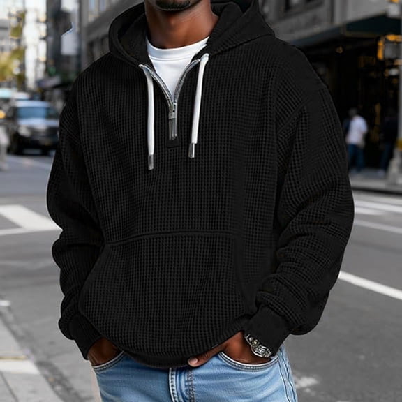 UQJfacai Quarter Zip Hoodie Men Shirts Long Sleeve Waffle Solid Color Oversized Sweatshirt Fall Winter 1/4 Zip Pullover with Pocket