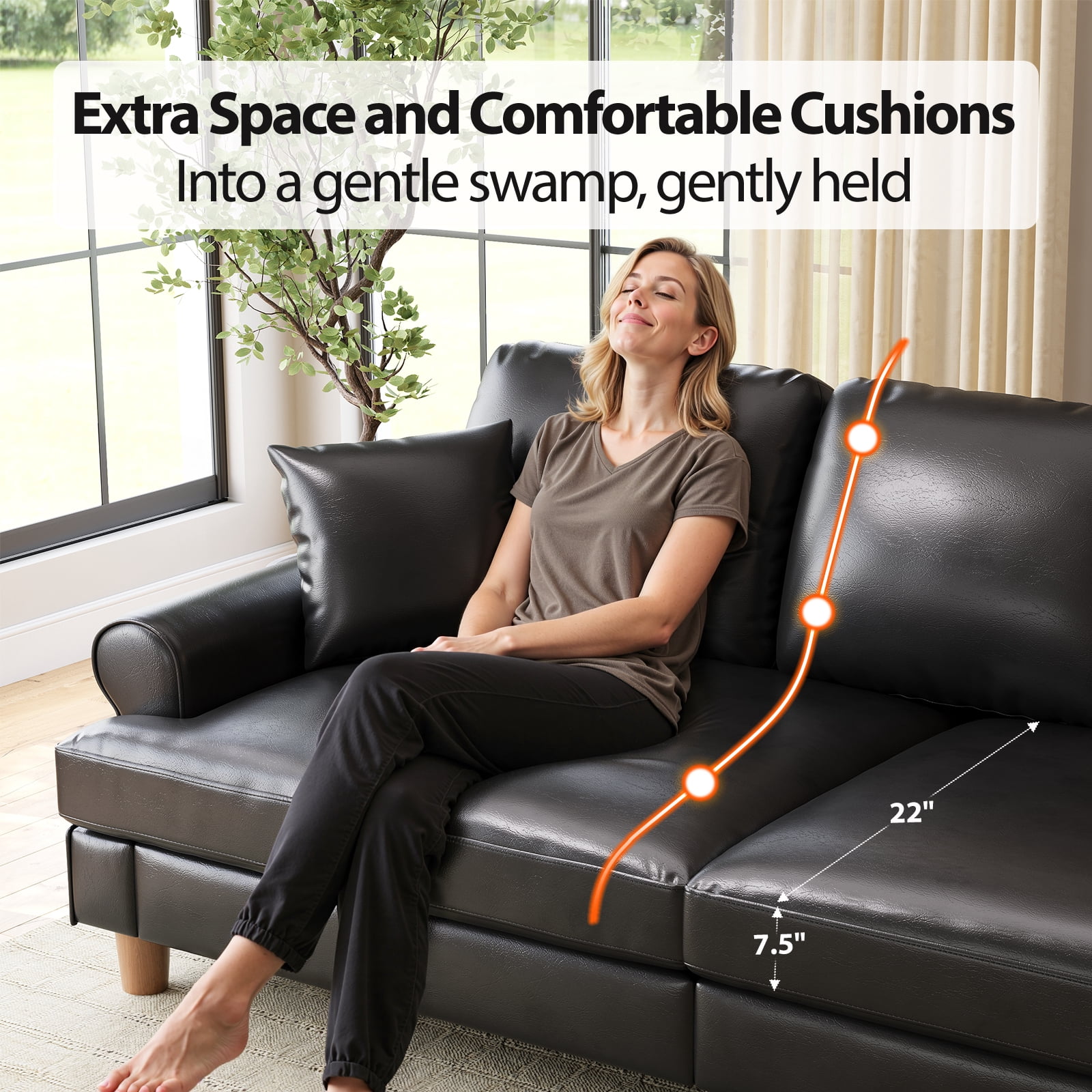 87" Couch Premium PU Leather Sofa, Comfy Extra Deep Seat 3 Seater Couch for Living Room, with 2 Pillows, Black