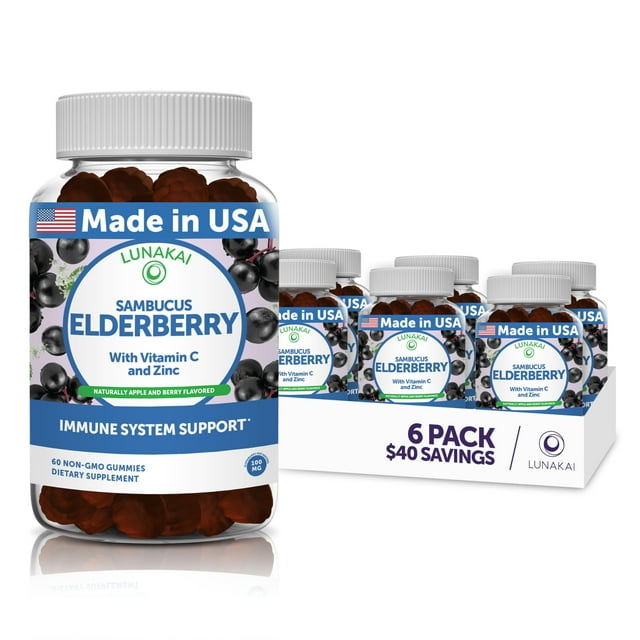 Lunakai Sambucus Elderberry Gummies with Zinc & Vitamin C for Adults & Kids - 100mg Black Elderberry Vitamins Immune Support Supplement - Vegan, Non-GMO, No Corn Syrup - 6 Pack