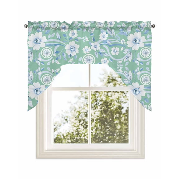Light Green Blue Floral Kitchen Curtains Swag Valance for Windows/Bathroom/Cafe, Vintage Pastoral Botanical Rod Pocket Drape Panel Swag Curtains Valance for Bedroom/Living Room 56"x36"