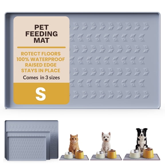 KISS KING Silicone Pet Feeding Mat, 100% Waterproof, Raised Edge Spill Protection, 18" x 11.5", Gray