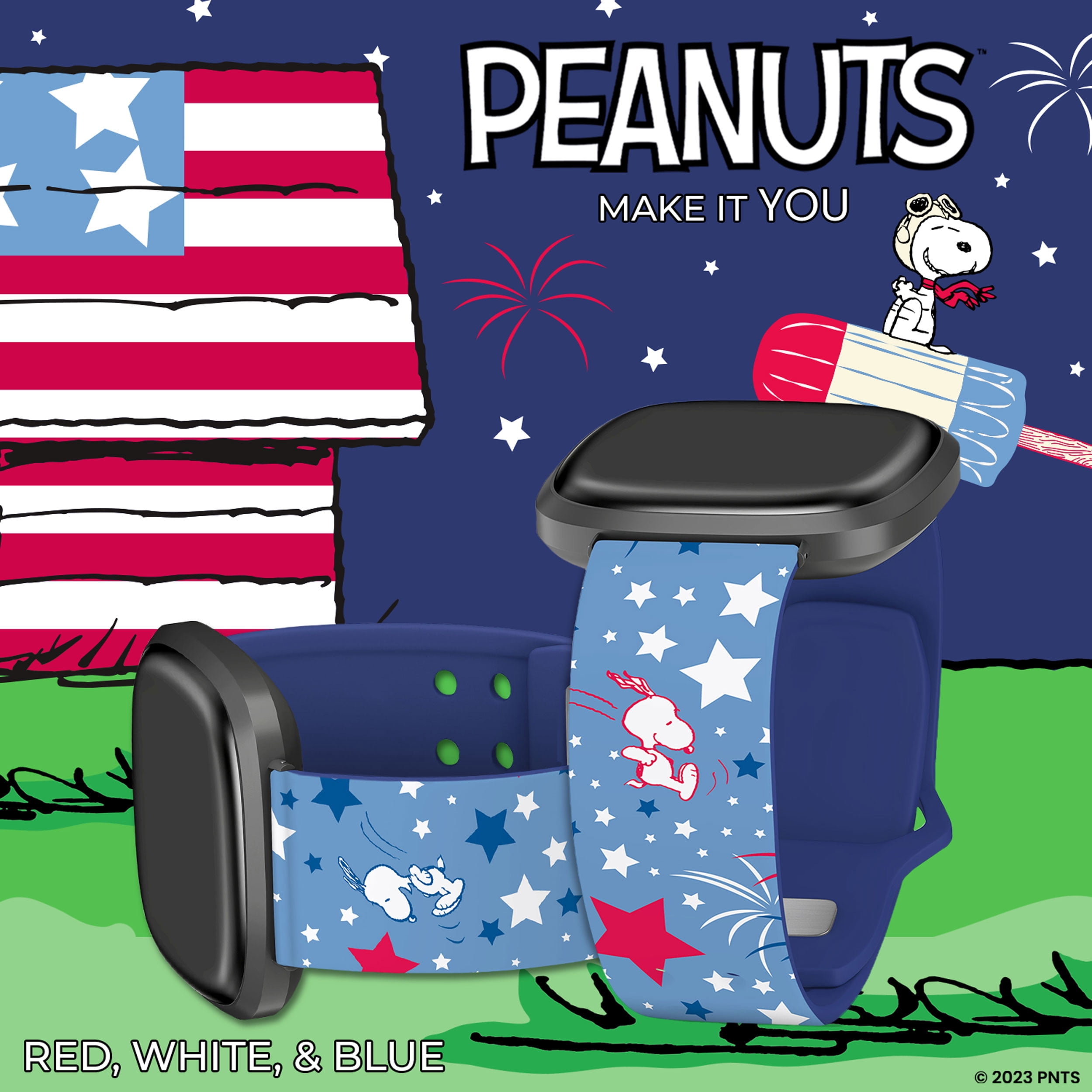 Peanuts Patriotic HD Unisex Watch Band Compatible with FitBit Versa 3 & Sense (20mm Short Red White & Blue) by Affinity Bands