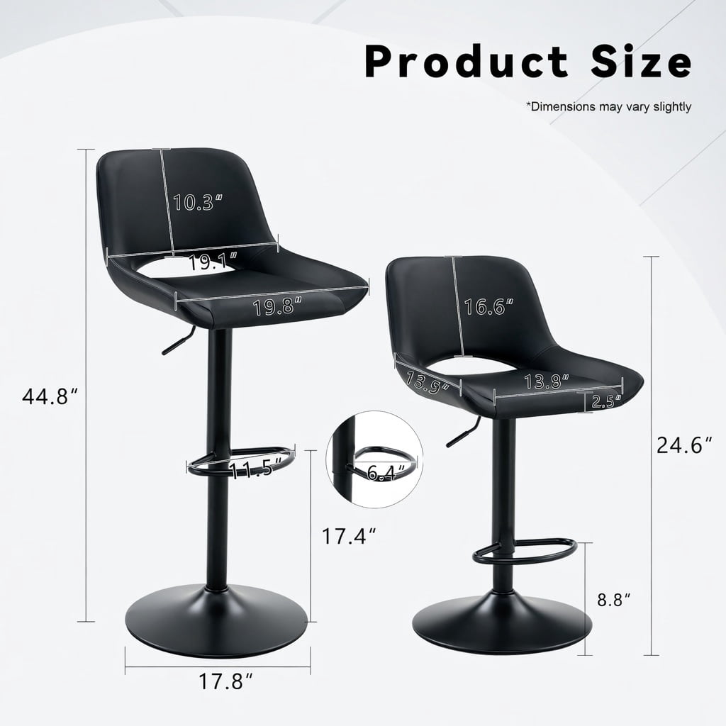 Hommoo 2-Pack Modern Swivel Bar Stools with Adjustable Height & Footrest. PU Leather, Metal Frame, for Kitchen Island, Home Bar, Counter Seating, Black