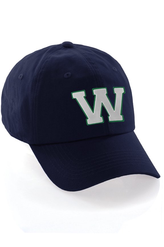 Customized Letter Intial Baseball Hat A to Z Team Colors, Navy Cap Green White Letter W