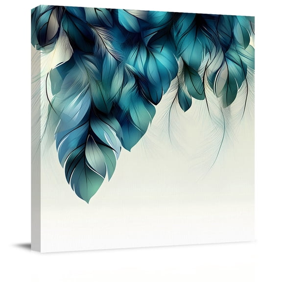 Peacock Feather Blue Gradient Canvas Artwork Painting Art, Minimalist Style Square Framed Wall Decorations Prints Picture for Bedroom Kitchen Living Room, 16x16 in