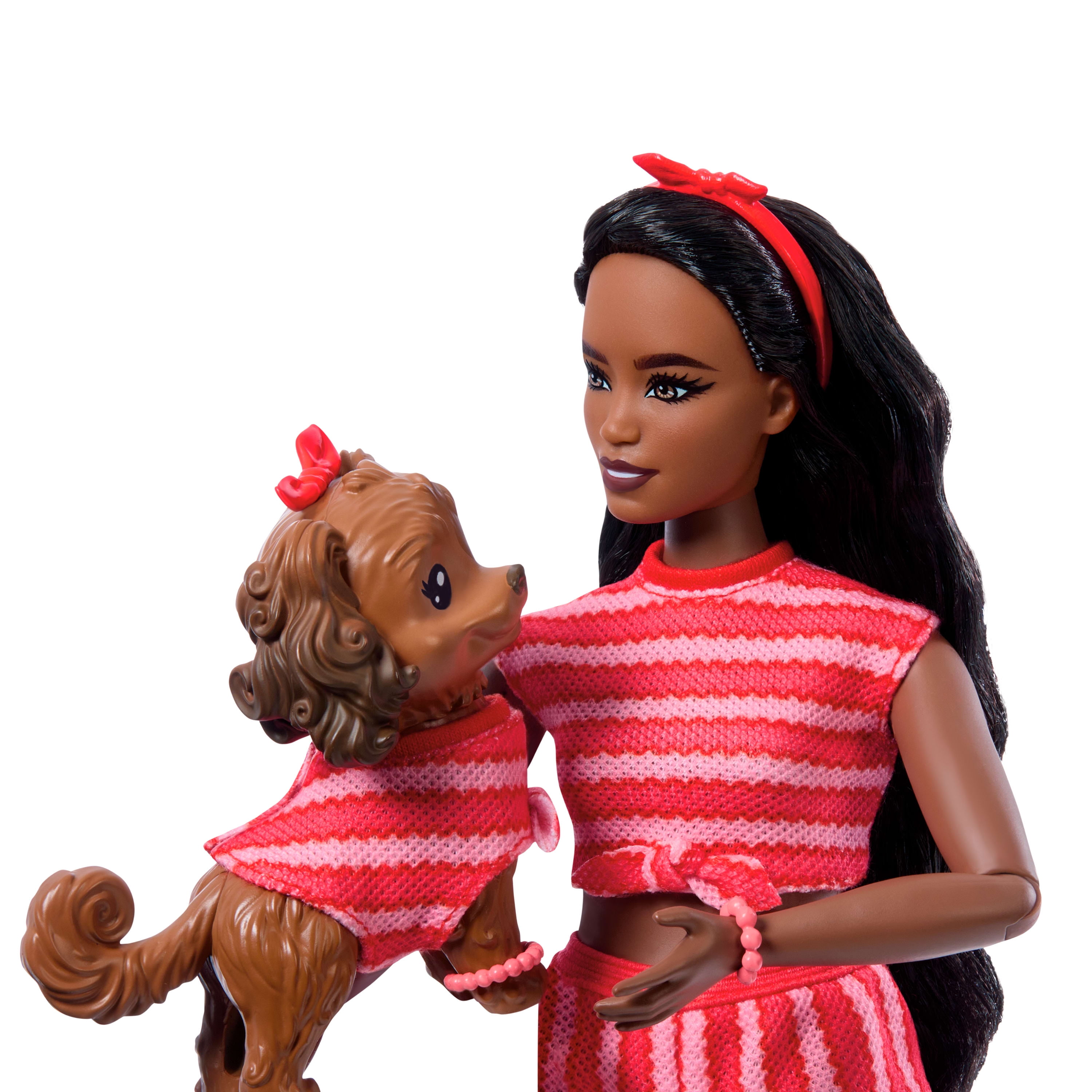 Barbie Twinning Looks Fashion Doll with Pet Dog, Matching Red Clothes & Accessories, Black Hair