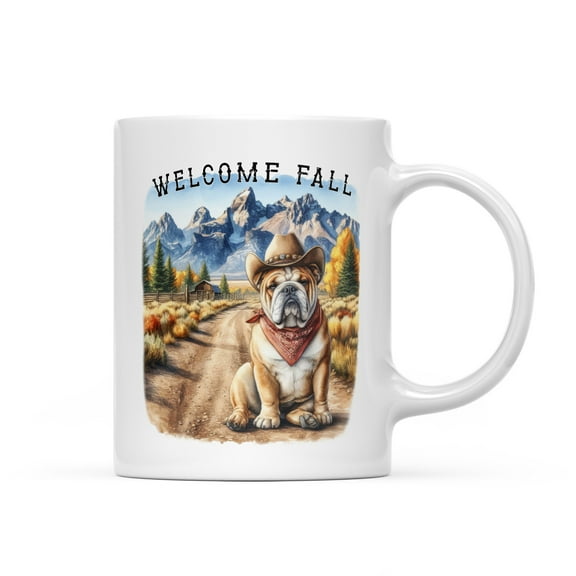 Welcome Fall Western Cowboy Bulldog Enjoys Majestic Autumn Mug Dog Lover Gifts Idea Coffee Tea Cup - 01007