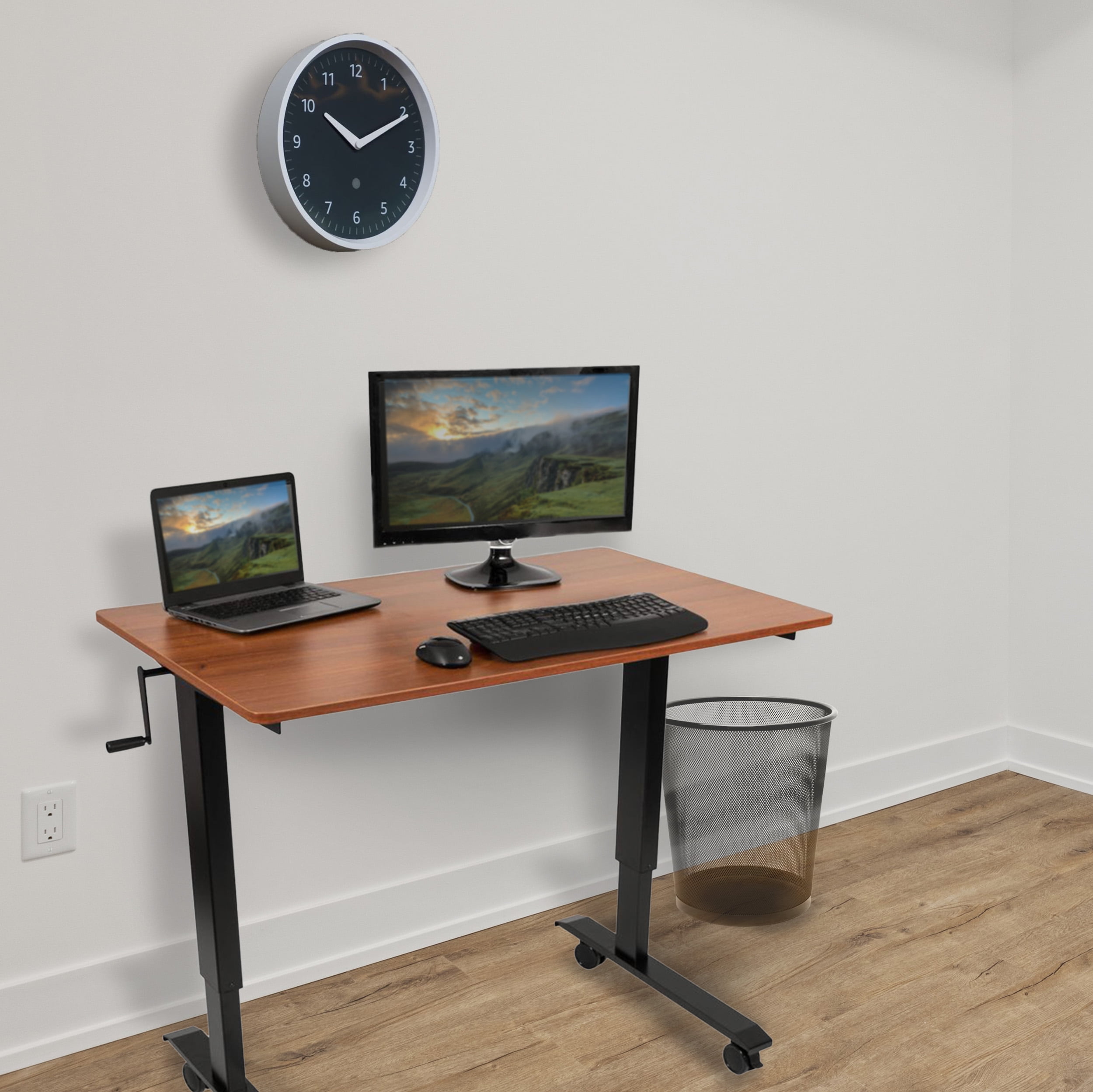 Stand Up Desk Store Crank Adjustable Height Rolling Standing Desk (Black Frame/Teak Top, 48" Wide)