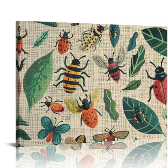 FCXZI Bugs Leaves Illustration Canvas Print Wall Art for Home Decor Ready To Hang - Perfect Gift for Various Occasions 16x12in