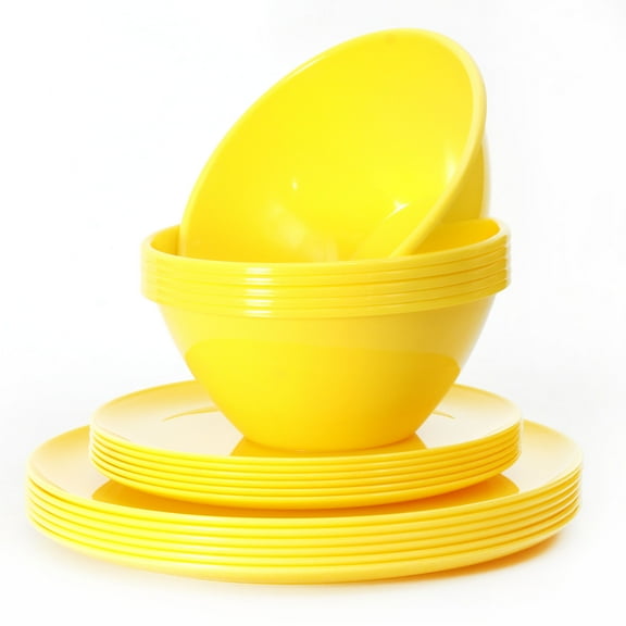 Youngever 18 Pieces Plastic Kitchen Dinnerware Set, Plates (8 Inch & 10 Inch), Bowls (32OZ), Service for 6 (Yellow)