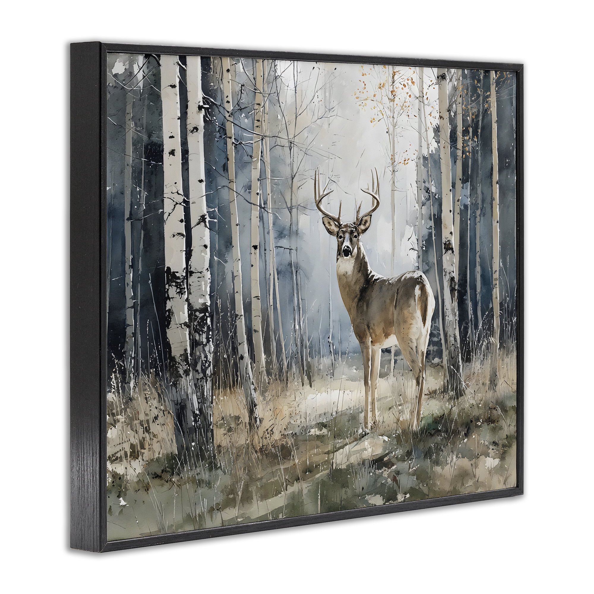 Stupell Industries Lone Stag in Birch Forest Black Framed Giclee Art, design by Franklyn Gregory